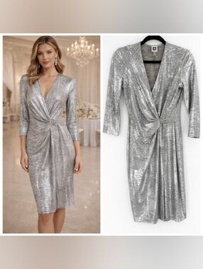 Anne Klein Silver Metallic Wrap Midi Dress